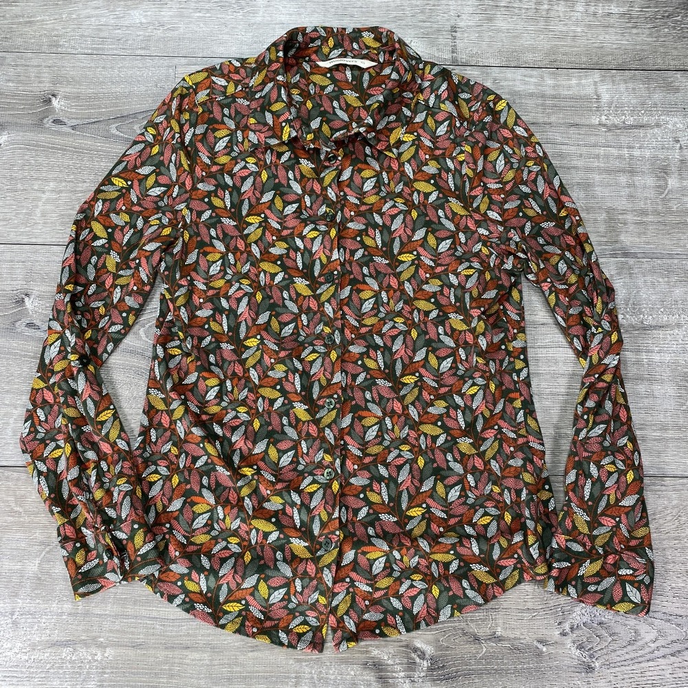 WoolOvers Shirt Womens XS‎ Green Leaf Print Button Front Collared Long Sleeve
